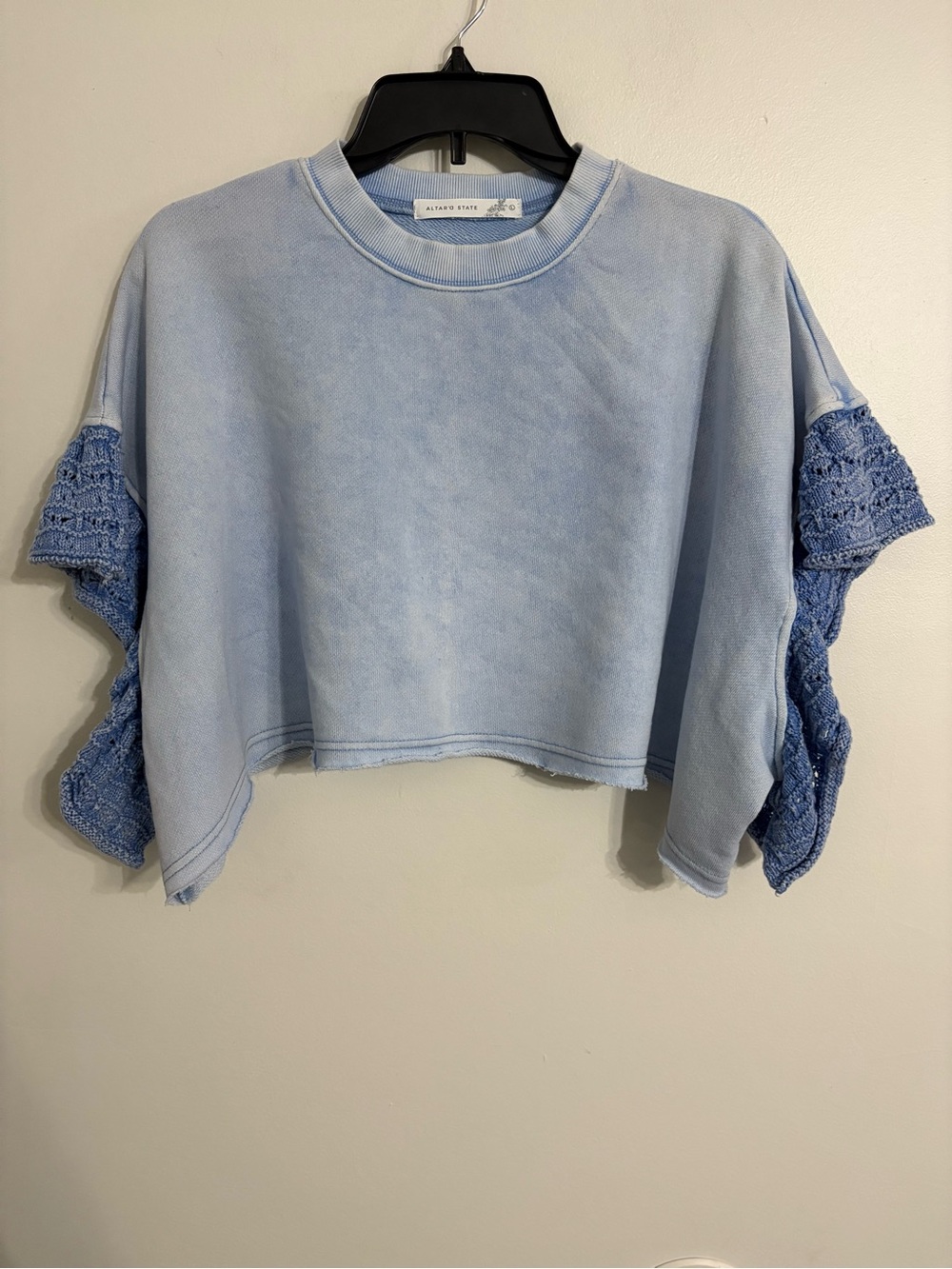 Altar'd State Light Blue Cropped Sweatshirt with Crochet Sleeve Accents LARGE - Picture 2 of 7